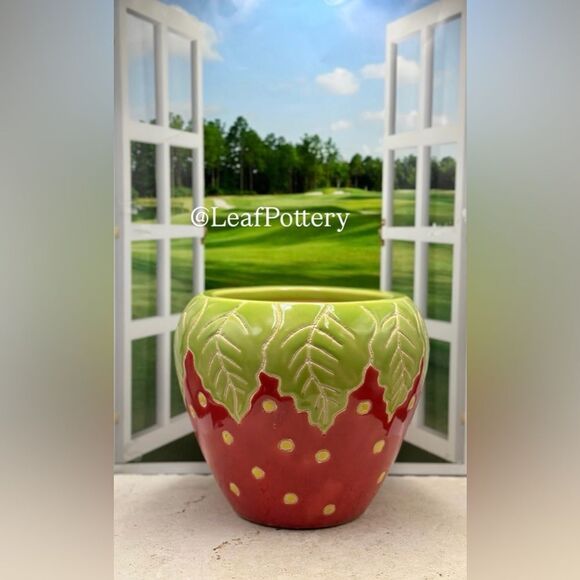 Strawberry (LG) Handcrafted Red/Green/Yellow Ceramic Planter Pot - Picture 2 of 9